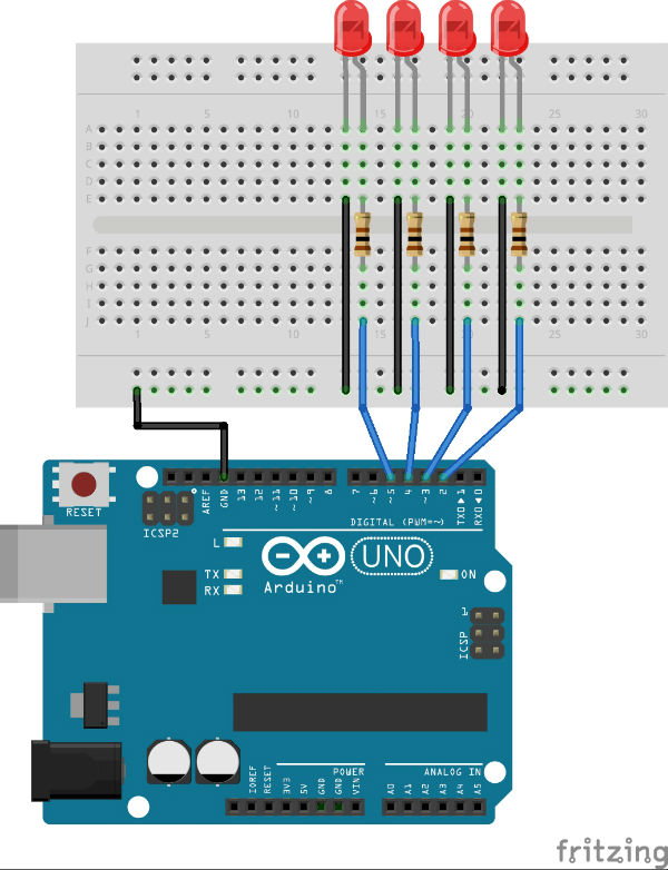 Esquema de ligação dos leds ao Arduíno